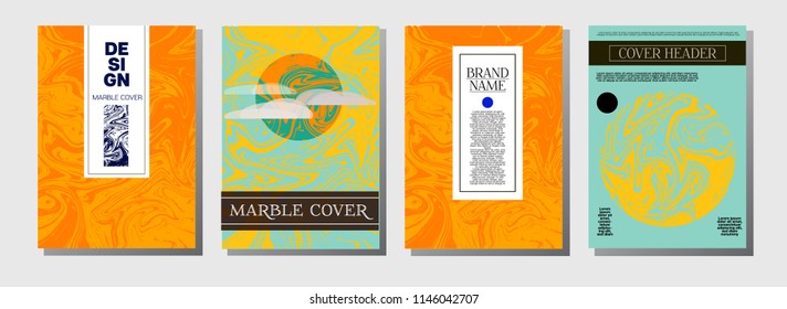 Artistic Covers Set. Marble Texture Background. Trendy Oil Paint Blue, Green, Yellow, Purple, Orange, Red Business Templates. Artistic Cover, Elegant VIP Ebru Invitation Design, Marble Texture.