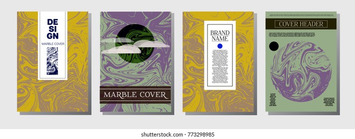 Artistic Covers Set. Marble Texture Background. Ocher, Blue, Green, Yellow, Purple, Orange, Red Ebru Liquid Paint Background. Artistic Cover, Rich Noble Ebru Invitation Design, Marble Texture.