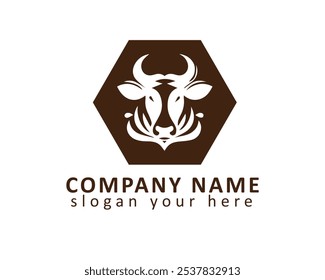 Logotipo artístico de vaca en forma hexagonal, perfecto para empresas lácteas o ganaderas.