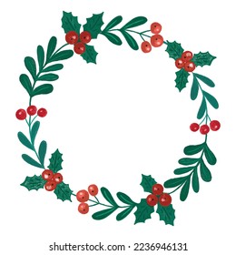 Artistic crayon textured vector winter wreath. Round floral frame with holly berry mistletoe leaves, twigs hand drawn with colored pencils. Simple cute square card with copy space isolated on white