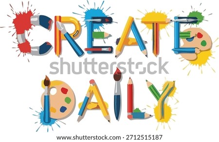 Artistic Create Daily vector typography featuring brushes and color palette for creative workshop logos.