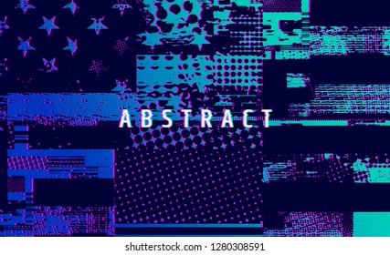 Artistic creation of the American flag, grunge style. Dark tone. Screen error effect. Abstract and geometrical forms. Abstract vector background.  Glitch background. Vector illustration.