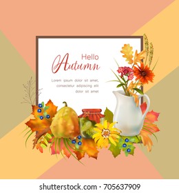 Artistic creative autumn card. Flyer template with lettering and a frame. Fall vector composition.