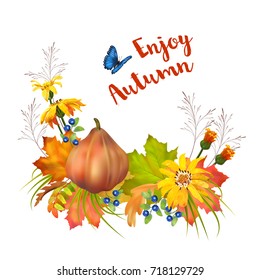 Artistic creative autumn card. Flyer template with a pumpkin. Fall vector composition. Thanksgiving invitation card.