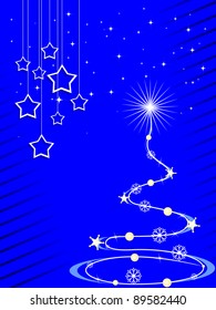 artistic & creative Christmas tree  with hanging shiny stars in blue color background for Christmas & other occasions.