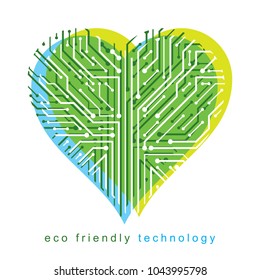 Artistic creative illustration of vector heart created in technology style, digital element. Technology and nature interaction metaphor.