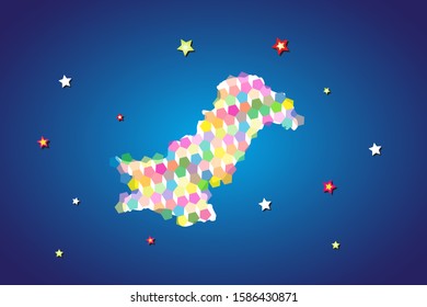 Artistic and creative Pakistan map with concept art of togetherness. Colorful Pakistani map on blue background, with bright stars and abstract design. Empty space and clean design.