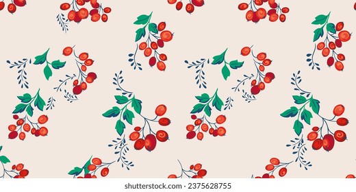 Ramas rojas artísticas y creativas de bayas con un patrón sin fisuras. Dibujado a mano por el vector. Resumen Juniper, palo de boxeo, viburnum, holly, barbera. Plantilla para el diseño, textil, de moda, de tela