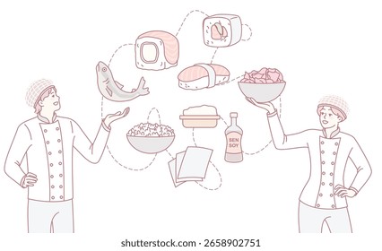 An artistic and creative representation of sushi and the intricate culinary preparation conducted by chefs