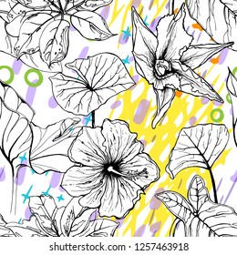 Artistic Creative Tropical Motif. Black and White Modern Summer Flowers on Abstract Marker Strokes Shape. Sketch Floral Elements. Hand Drawn Artistic Watercolor Background. Vector Seamless Pattern.