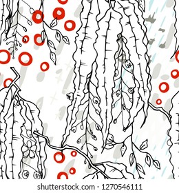 Artistic Creative Tropical Motif. Black and White Modern Summer Flowers on Abstract Marker Strokes Shape. Sketch Floral Elements. Hand Drawn Artistic Watercolor Background. Vector Seamless Pattern.