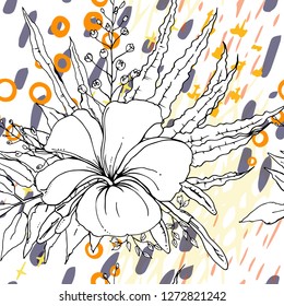 Artistic Creative Tropical Motif. Black and White Modern Summer Flowers on Abstract Marker Strokes Shape. Sketch Floral Elements. Hand Drawn Artistic Watercolor Background. Vector Seamless Pattern.