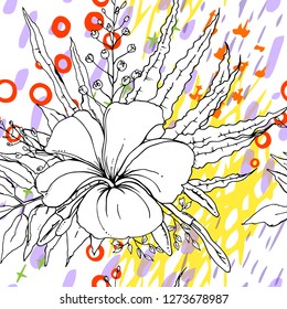 Artistic Creative Tropical Motif. Black and White Modern Summer Flowers on Abstract Marker Strokes Shape. Sketch Floral Elements. Hand Drawn Artistic Watercolor Background. Vector Seamless Pattern.