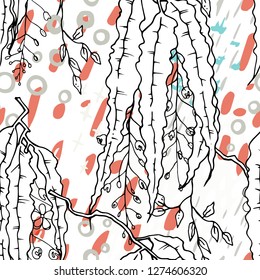 Artistic Creative Tropical Motif. Black and White Modern Summer Flowers on Abstract Marker Strokes Shape. Sketch Floral Elements. Hand Drawn Artistic Watercolor Background. Vector Seamless Pattern.