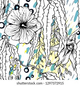 Artistic Creative Tropical Motif. Black and White Modern Summer Flowers on Abstract Marker Strokes Shape. Sketch Floral Elements. Hand Drawn Artistic Watercolor Background. Vector Seamless Pattern.