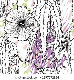 Artistic Creative Tropical Motif. Black and White Modern Summer Flowers on Abstract Marker Strokes Shape. Sketch Floral Elements. Hand Drawn Artistic Watercolor Background. Vector Seamless Pattern.