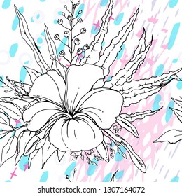 Artistic Creative Tropical Motif. Black and White Modern Summer Flowers on Abstract Marker Strokes Shape. Sketch Floral Elements. Hand Drawn Artistic Watercolor Background. Vector Seamless Pattern.