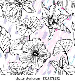 Artistic Creative Tropical Motif. Black and White Modern Summer Flowers on Abstract Marker Strokes Shape. Sketch Floral Elements. Hand Drawn Artistic Watercolor Background. Vector Seamless Pattern.