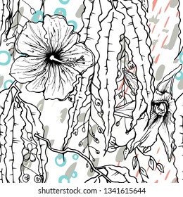 Artistic Creative Tropical Motif. Black and White Modern Summer Flowers on Abstract Marker Strokes Shape. Sketch Floral Elements. Hand Drawn Artistic Watercolor Background. Vector Seamless Pattern.