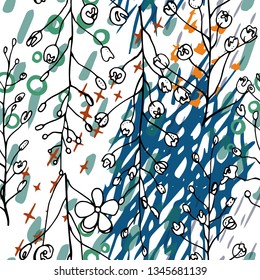 Artistic Creative Tropical Motif. Black and White Modern Summer Flowers on Abstract Marker Strokes Shape. Sketch Floral Elements. Hand Drawn Artistic Watercolor Background. Vector Seamless Pattern.