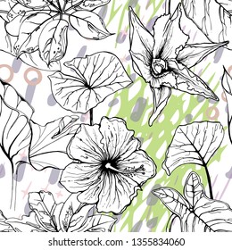 Artistic Creative Tropical Motif. Black and White Modern Summer Flowers on Abstract Marker Strokes Shape. Sketch Floral Elements. Hand Drawn Artistic Watercolor Background. Vector Seamless Pattern.