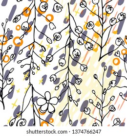 Artistic Creative Tropical Motif. Black and White Modern Summer Flowers on Abstract Marker Strokes Shape. Sketch Floral Elements. Hand Drawn Artistic Watercolor Background. Vector Seamless Pattern.