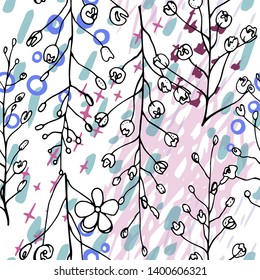 Artistic Creative Tropical Motif. Black and White Modern Summer Flowers on Abstract Marker Strokes Shape. Sketch Floral Elements. Hand Drawn Artistic Watercolor Background. Vector Seamless Pattern.
