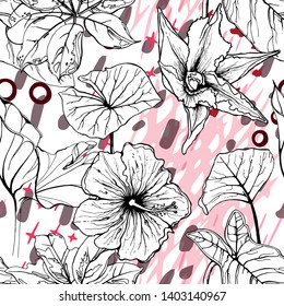 Artistic Creative Tropical Motif. Black and White Modern Summer Flowers on Abstract Marker Strokes Shape. Sketch Floral Elements. Hand Drawn Artistic Watercolor Background. Vector Seamless Pattern.