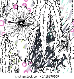 Artistic Creative Tropical Motif. Black and White Modern Summer Flowers on Abstract Marker Strokes Shape. Sketch Floral Elements. Hand Drawn Artistic Watercolor Background. Vector Seamless Pattern.