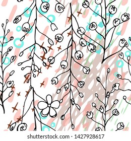 Artistic Creative Tropical Motif. Black and White Modern Summer Flowers on Abstract Marker Strokes Shape. Sketch Floral Elements. Hand Drawn Artistic Watercolor Background. Vector Seamless Pattern.