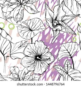 Artistic Creative Tropical Motif. Black and White Modern Summer Flowers on Abstract Marker Strokes Shape. Sketch Floral Elements. Hand Drawn Artistic Watercolor Background. Vector Seamless Pattern.