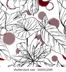 Artistic Creative Tropical Motif. Black and White Modern Summer Flowers on Abstract Polka Dot Brush Shape. Sketch Floral Elements. Hand Drawn Artistic Watercolor Background. Vector Seamless Pattern.