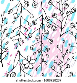 Artistic Creative Tropical Motif. Black and White Modern Summer Flowers on Abstract Marker Strokes Shape. Sketch Floral Elements. Hand Drawn Artistic Watercolor Background. Vector Seamless Pattern.