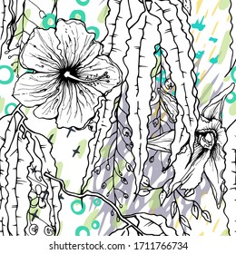 Artistic Creative Tropical Motif. Black and White Modern Summer Flowers on Abstract Marker Strokes Shape. Sketch Floral Elements. Hand Drawn Artistic Watercolor Background. Vector Seamless Pattern.