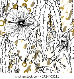 Artistic Creative Tropical Motif. Black and White Modern Summer Flowers on Abstract Marker Strokes Shape. Sketch Floral Elements. Hand Drawn Artistic Watercolor Background. Vector Seamless Pattern.