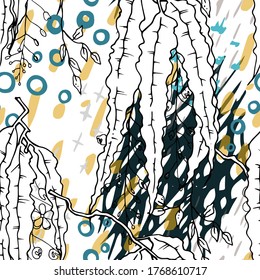 Artistic Creative Tropical Motif. Black and White Modern Summer Flowers on Abstract Marker Strokes Shape. Sketch Floral Elements. Hand Drawn Artistic Watercolor Background. Vector Seamless Pattern.