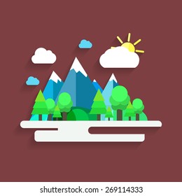 Artistic creative village landscape with mountains. Colorful vector illustration. Trendy flat design.