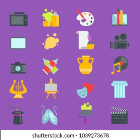 Artistic creator graphic designer icons vector set flat design illustration. Camera, picture, brush palette entertainment symbols. Artist ink graphic color creativity design movie collection.
