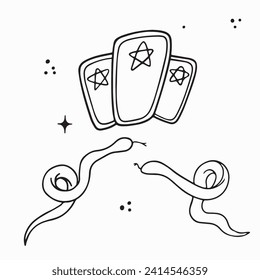 Artistic Cute doodle illustration of tarot and snakes.Handdrawn  illustration isolated on white bkgr.B and w design for psychology,poster,postcard,label,sticker,t-shirt,web,print,stamp,tattoo,etc.