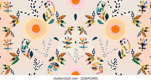 Artistic cute hand drawn floral ornament pattern. Abstract romantic botanical print. Cute vector template for your design. Cartoon style.