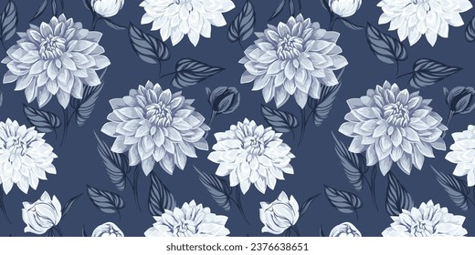 Artistic dahlia flowers with leaves seamless pattern. Vector hand drawn. Beautiful grey floral print. Template for design, textile, fashion, surface design, fabric, interior decor, wallpaper
