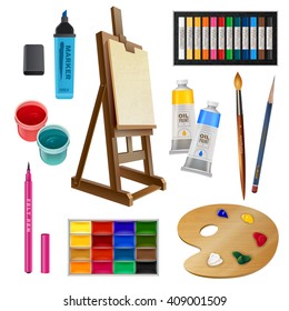 Artistic decorative elements of tools and art supplies with easel palette paints brush and pencil isolated vector illustration 