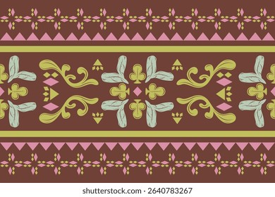 Artistic Delicate Luxury Scroll Ornament Greenish Mint Pink on Dark Brown Background Botanical Style Pattern. Geometric Motif and Mythology Bohemian Decoration for Border Striped Embroidery Cloth Lace