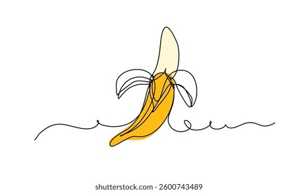 Artistic depiction of banana using continuous line art technique on white background, emphasizing simplicity and creativity in modern design.
