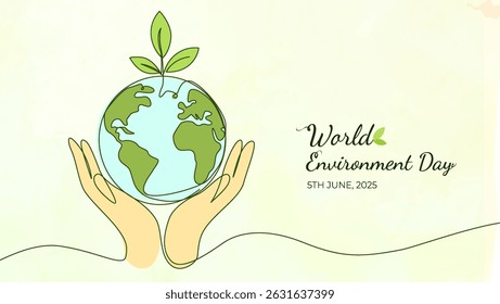 artistic depiction celebrating World Environment Day, featuring hands cradling Earth with green leaves symbolizing nature and conservation.