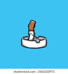 An artistic depiction of a cigarette butt crushed in an ashtray, symbolizing smoking and addiction themes, with a clean blue background that adds freshness and contrast to the composition.