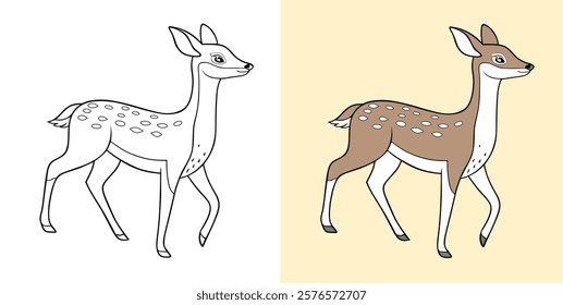 An artistic depiction of a deer showcasing a coloring page version and a fully colored version, illustrating creative potential in wildlife art.