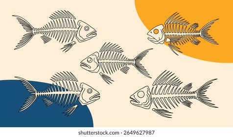 Artistic depiction of fish skeletons floating against a beige backdrop with abstract color blobs representing water and sky elements