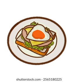 Artistic depiction of a freshly made sandwich featuring a fried egg, ham, vegetable greens, and cheese on toast as a wholesome meal concept.