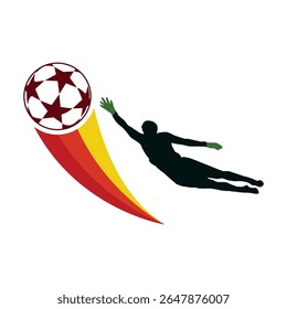 Uma representação artística de um goleiro mergulhando para salvar uma bola de futebol com trilhas de movimento dinâmico e cores vibrantes, representando energia, paixão e atletismo no esporte de futebol.